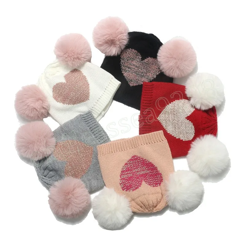 3-8 ans Bons d'hiver pour les filles aiment coeur automne tricot tricot bébé mignon pompom balle chapeau enfant couvercle