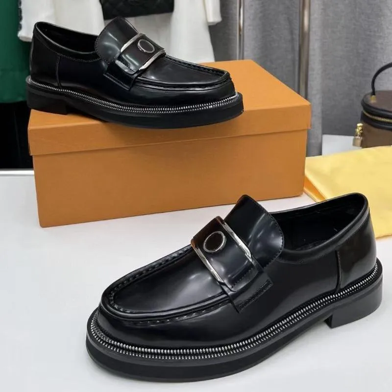 spring and autumn Classic Dress shoes leather letter black Arabic cowhide Metal Button platform women Designer shoe Flat bottom boat SHoes Large size 35-41-42 With box