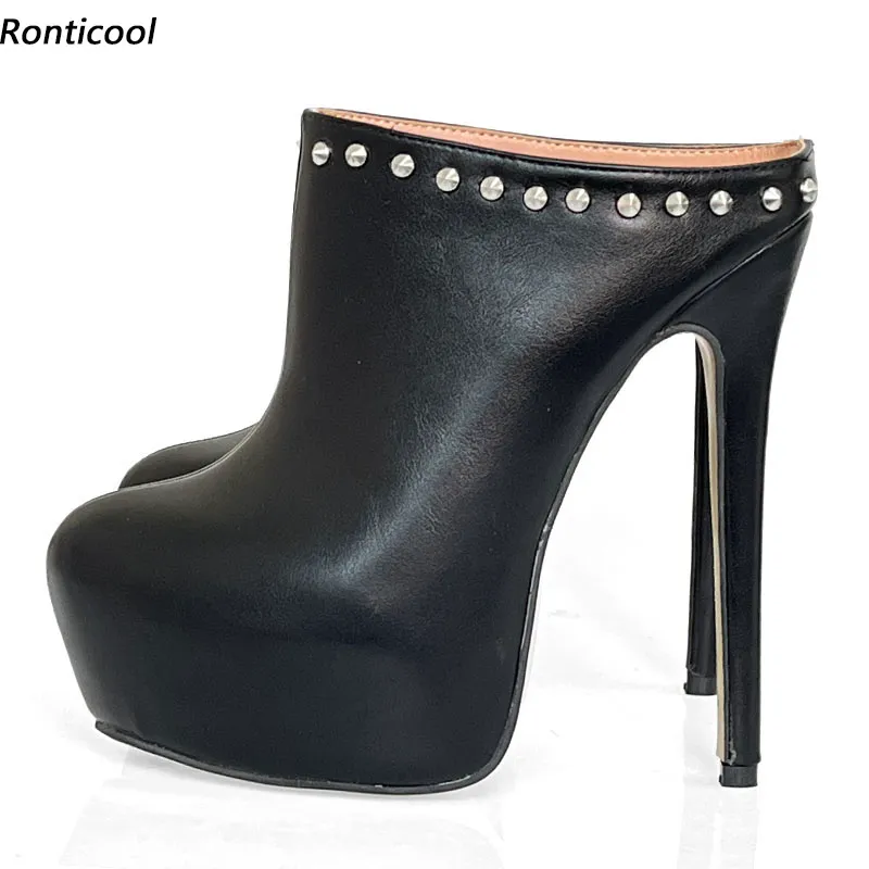 Ronticool Handmade Women Platform Mules Pumps Sexy Stiletto Heels Round Toe Elegant Black Club Shoes Ladies US Plus Size 35-52