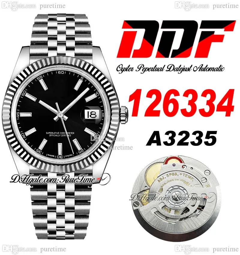 DDF Bara 126334 A3235 Automatisk herrklocka 41 FLUTED REZEL Black Dial Stick Markers 904L Oystersteel Armband Super Edition Anpassa samma seriekort PURETIME A1