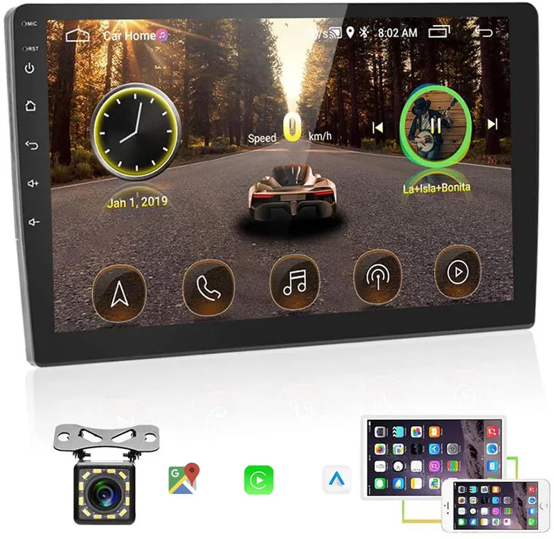 Android Double 10,1 -calowy samochód stereo bezprzewodowy Carplay Android Auto 2G + 32G Monitor ekranu dotykowego Bluetooth, WiFi, GPS, FM, SWC + Tylna kamera Zewnętrzny mikrofon zewnętrzny