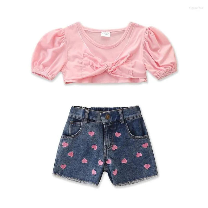 Ensembles de vêtements été fille ensemble chemisier rose short en jean costumes pour enfants mode filles