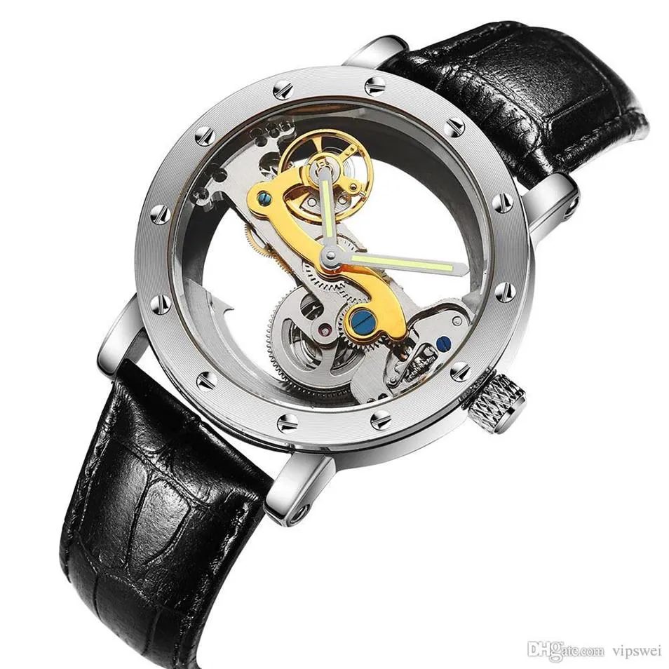 Klassisk milit￤r ih￥lig Dial Watch Luxury Swiss Men Automatic Mechanical Tourbillon Transparent Bottom Dive rostfritt st￥l Brands245T