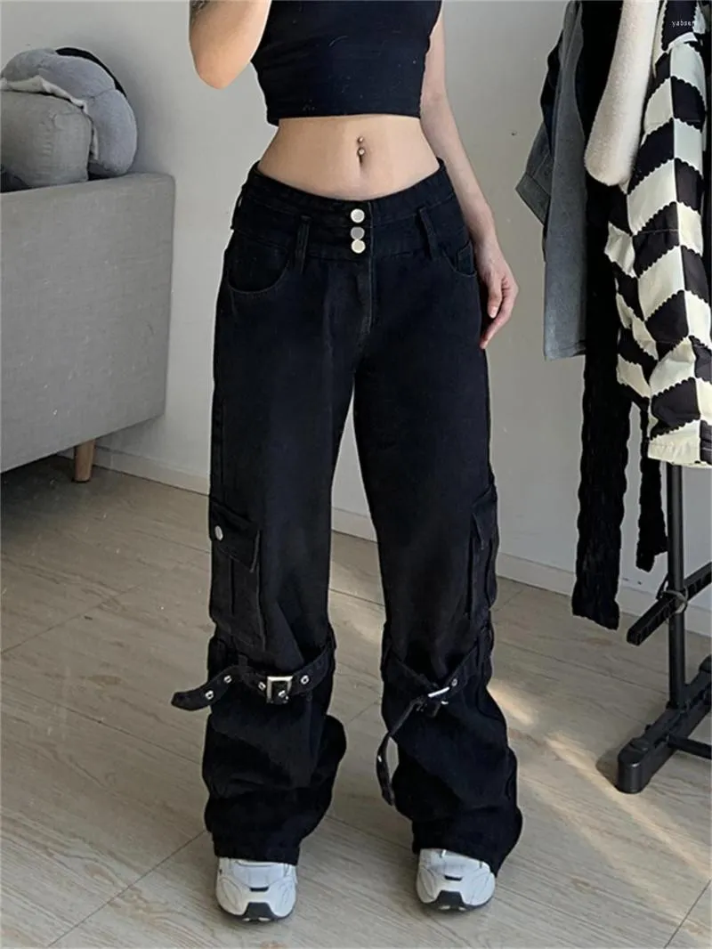 Women's Pants Gothic Black Cargo Jeans Emo Punk Grunge Goth Buckle Big  Pockets Wide Leg Alt Clothes Hip Hop Baggy Aesthetic