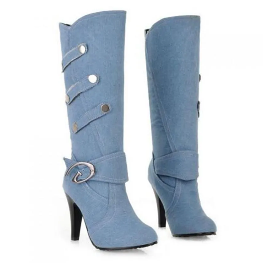 Plus Size Sexy Denim Boots Cowboy Boots For Women Punk Fashion High Heel Boots Ladies Chaussure Femme Botte NXZ1662698