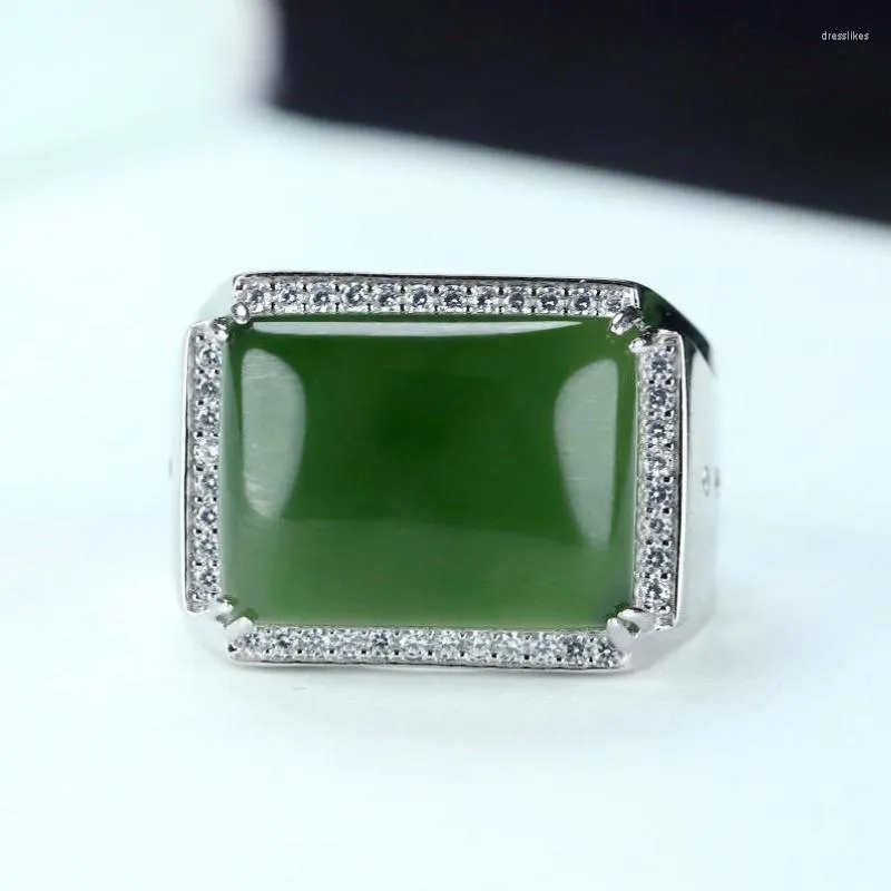 Kluster ringar naturlig gr￶n jade 925 sterling silver ring m￤n fina smycken ￤kta kinesiska nephrite hetian jades rektangel justerbar