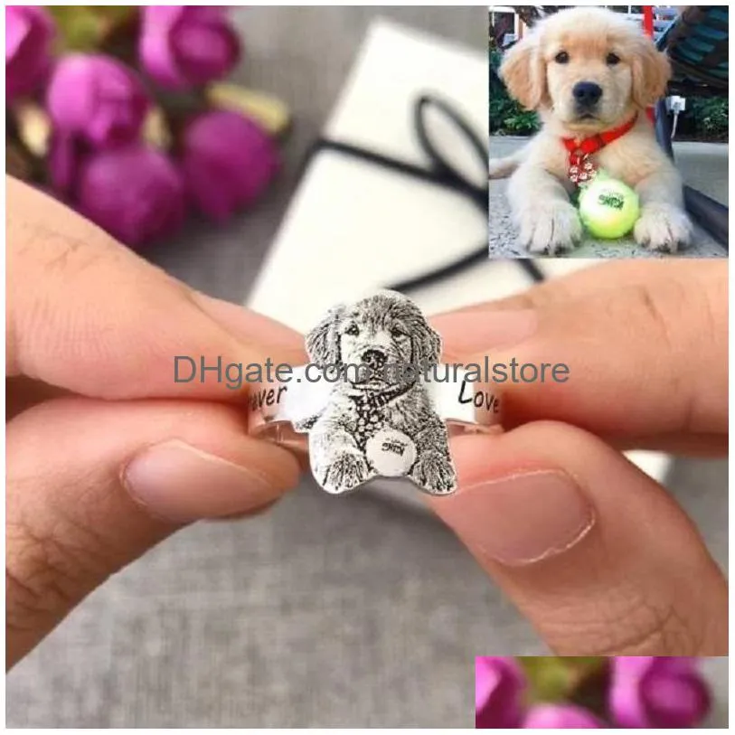 Anelli a fascia Anello ritratto personalizzato 925 Sterling Sier Pet personalizzato Dog Po Ciondolo Memorial Drop Delivery Jewelry Dhux4