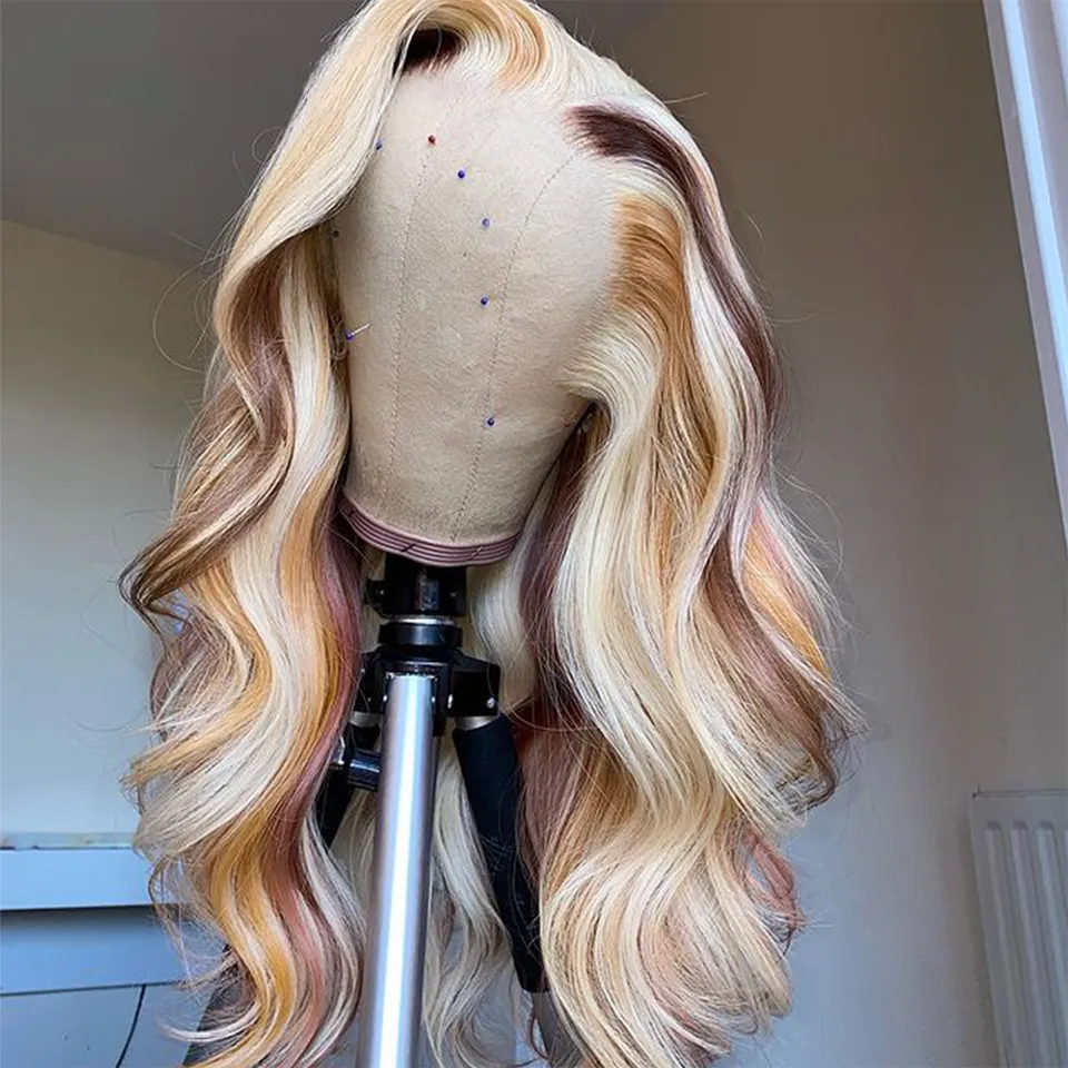 30 inch Brazilian Human Hair Highlight Wig 180% 13x4 Body Wave Lace Frontal Wig For Women Synthetic