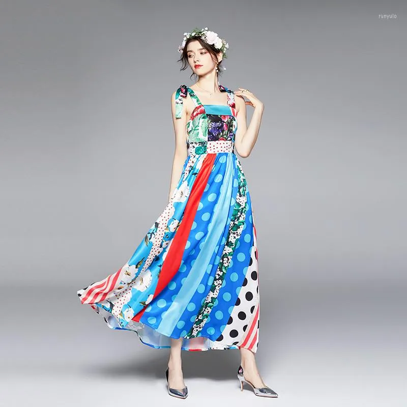 Casual Dresses Fashion Runway Dress Summer Women Spaghetti Stems Bohemian Sundress Polka prickar Stripe Floral Maxi Blue