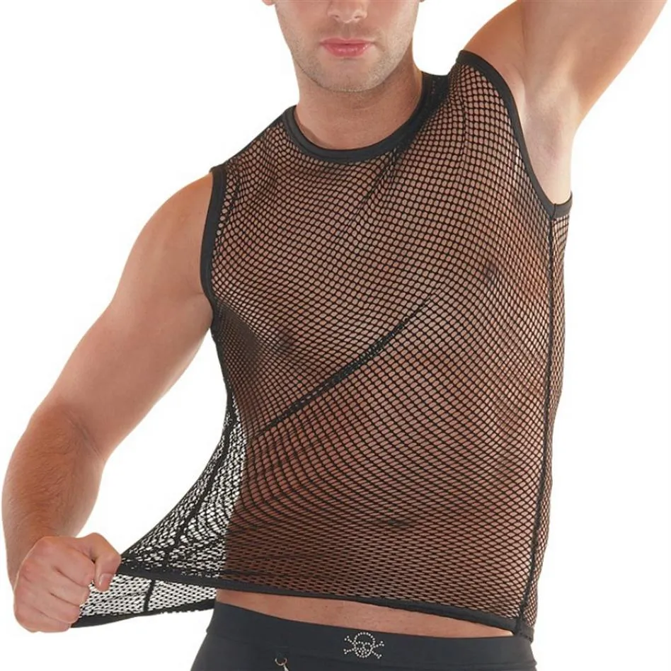 Fashion Men Transparent Mesh Tank Tops Male Sexy Thin See Through Mesh Short Sleeve Breathable Transparent Tight-fitting Vest1621