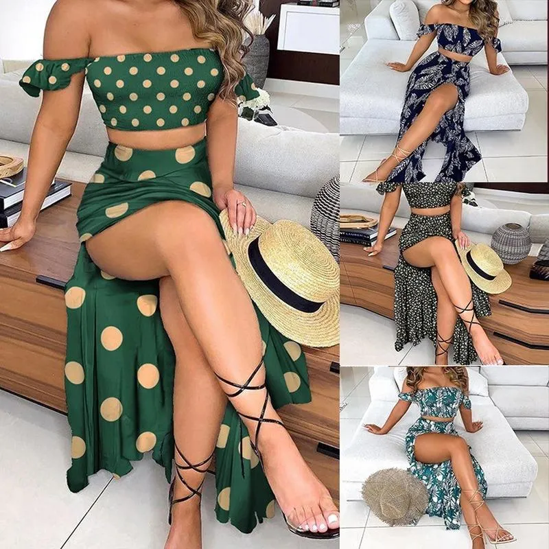 Robes Décontractées Robe Sexy 2 Pièce Dot Impression Haute Split Maxi Jupe Ensemble Beach Party Club Tenues De Vacances Crop Top Et Long Femmes Costume