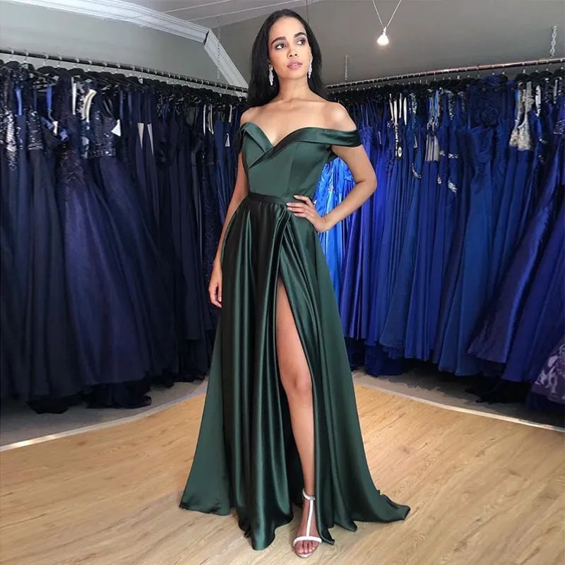 Simple Long Prom Dress Off Shoulder Multi Color Front Split Robe De Soiree Forest Green Burgundy Special Occasion Party Gowns