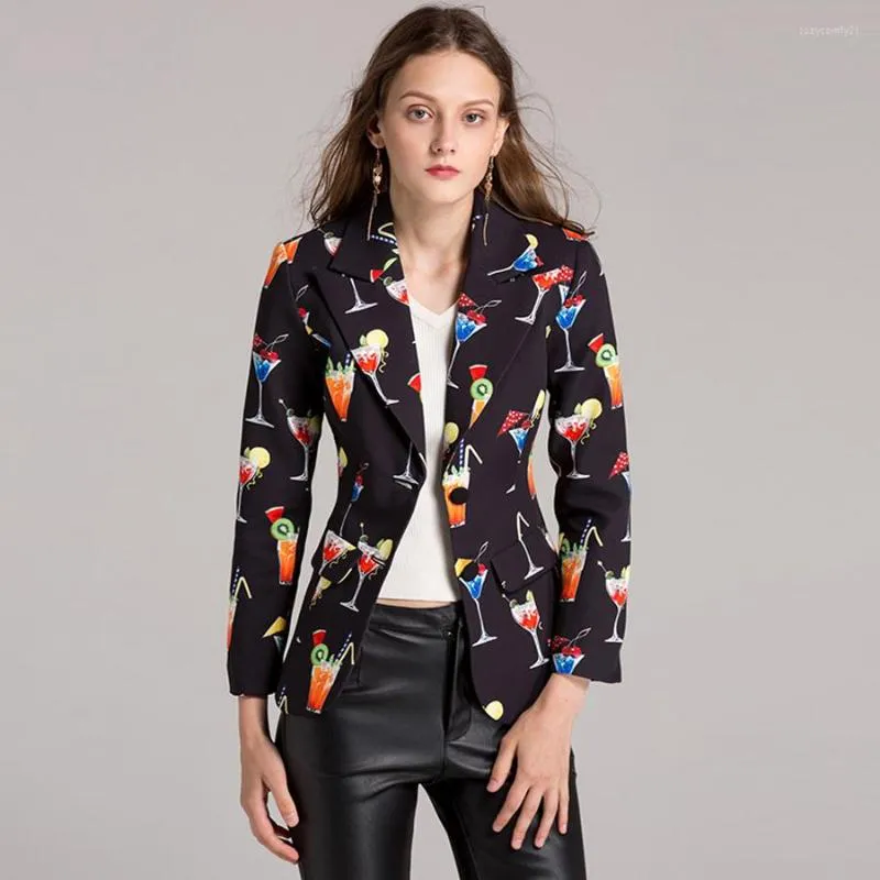 Ternos femininos Jaqueta feminina da moda 2022 Autumn Winter Wineclass Cocktail Print Vintage Manga longa Blazers curtos e magros