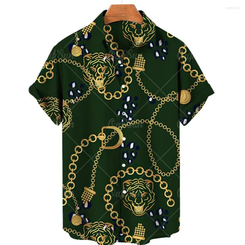 Camisas casuais masculinas camisa havaiana masculino 2022 Personalidade de verão 3D Impresso Digital Big Gold Chain Chain Shirt-Sleeved Men's