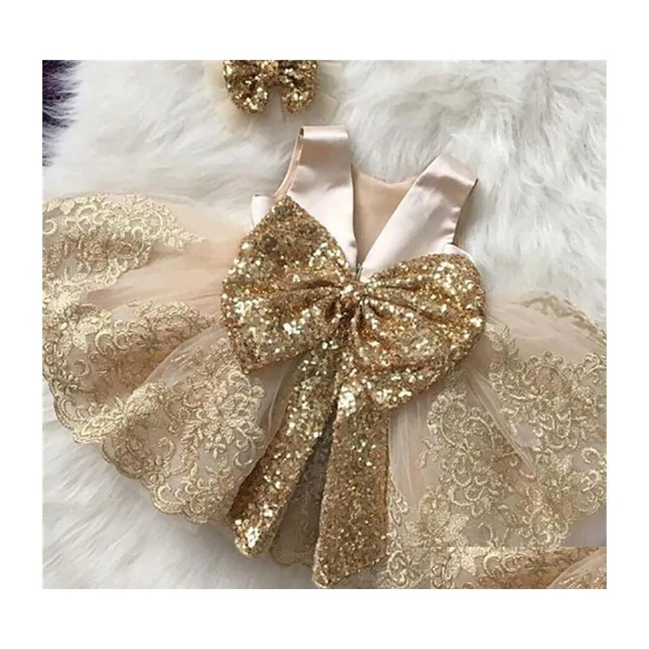 Robes de fille paillettes dorées bébé robes de baptême Tle robe de princesse événement fête porter 1 an fille anniversaire infantile robe de baptême Dro Dhxmb