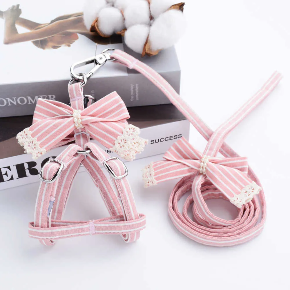 Hundhalsar Leases Pink Stripe Dog Collar and Harnesses Cotton Bows Girl Boy Pet Leash Set Outdoor Walking For Pitbull Chihuahua S M Accessories T221212