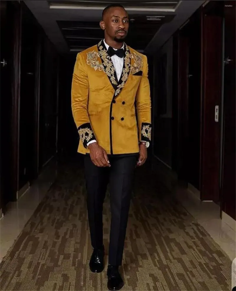 Mens Suits Velvet Mens Suit Gold Applique Clothing Custom Formal