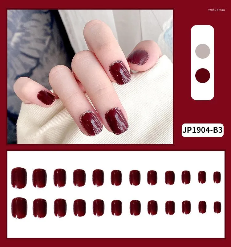 Falska naglar 2022 24 st vinröd nagel lapp lim av borttagbar kort stycke mode manikyr