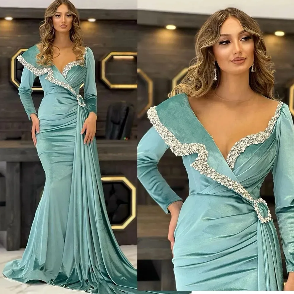 Robe de soirée sirène en Satin bleu, perles, col transparent, manches longues, robe de bal formelle en cristal, sur mesure