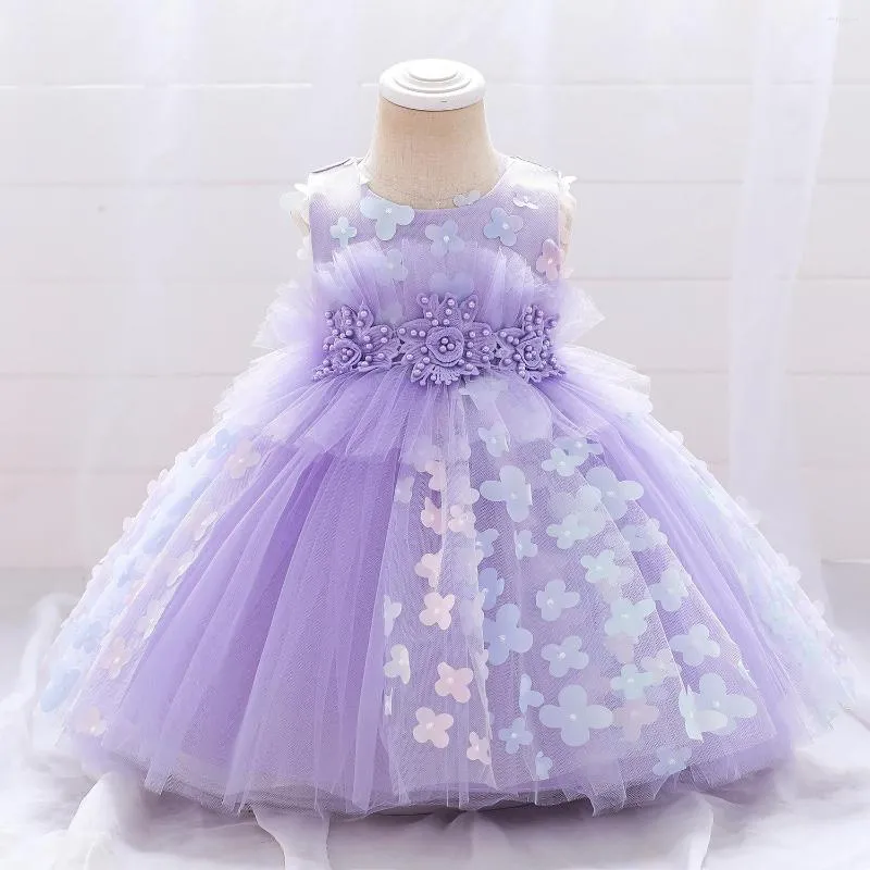 Flickklänningar Little Girls Cosplay Summer Flower Girl's Purple Dress Clothing With Pearls Beauty Princess Clothes Customs