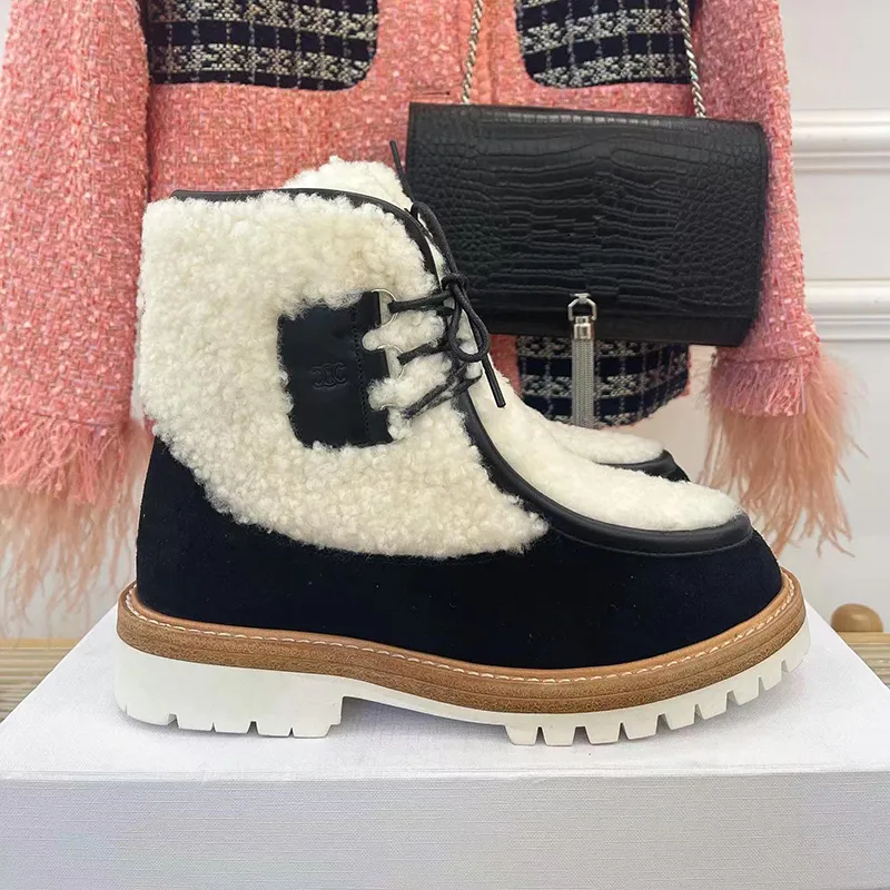 2023 designer Luxury Hairy ankle boots women Autumn winter Spliced wool cold protection casual shoes lady Vintage triumphal arch thick bottom Martin boots size 35-40