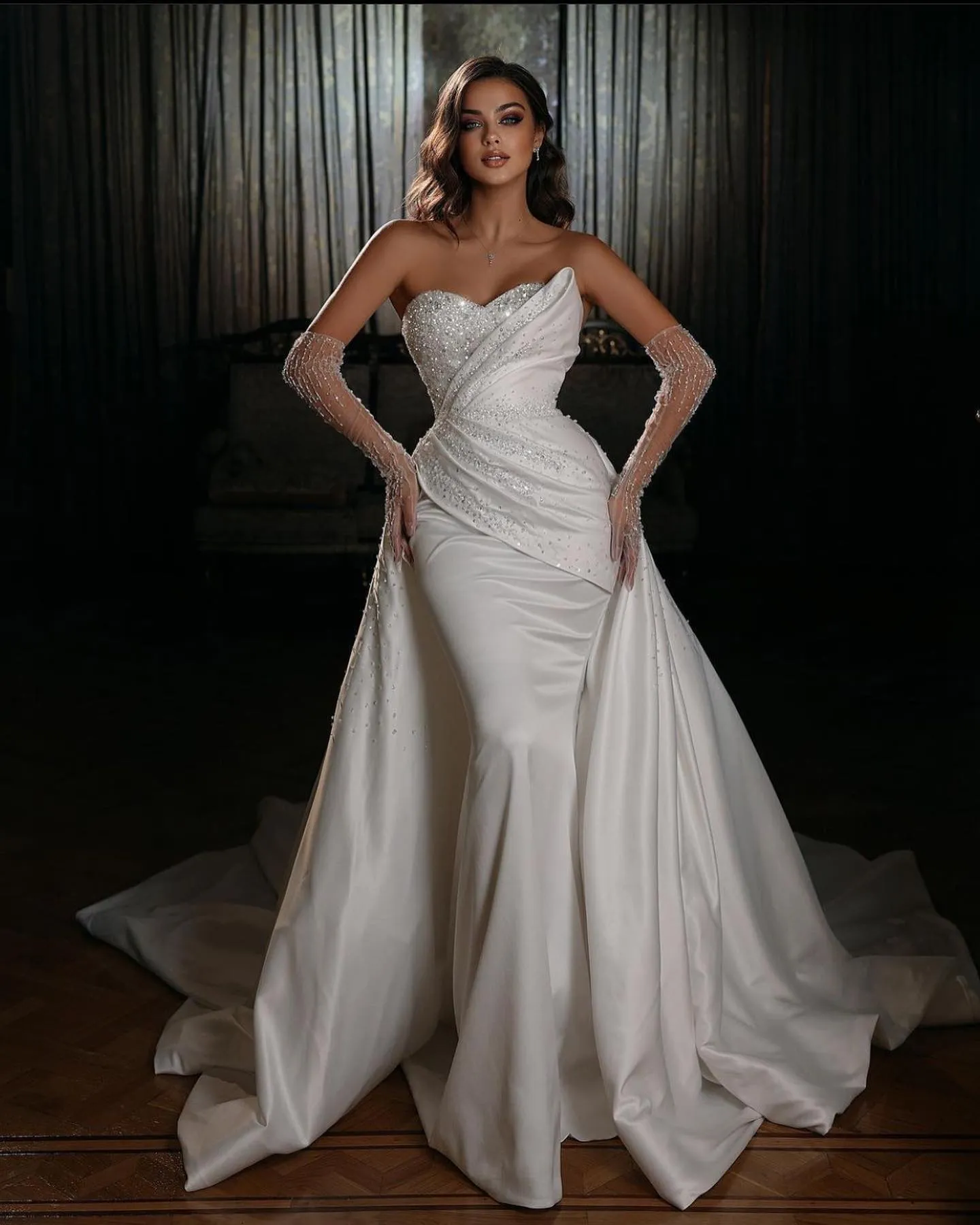 Silk Satin Mermaid Wedding Dresses with Pearls Detachable Sleeves