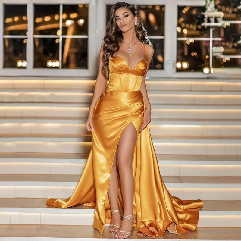 Gold Schatz Prom Kleider Satin Lange Abendkleid Sexy High Split Dubai Party Kleid Formale Kleider Abendkleider