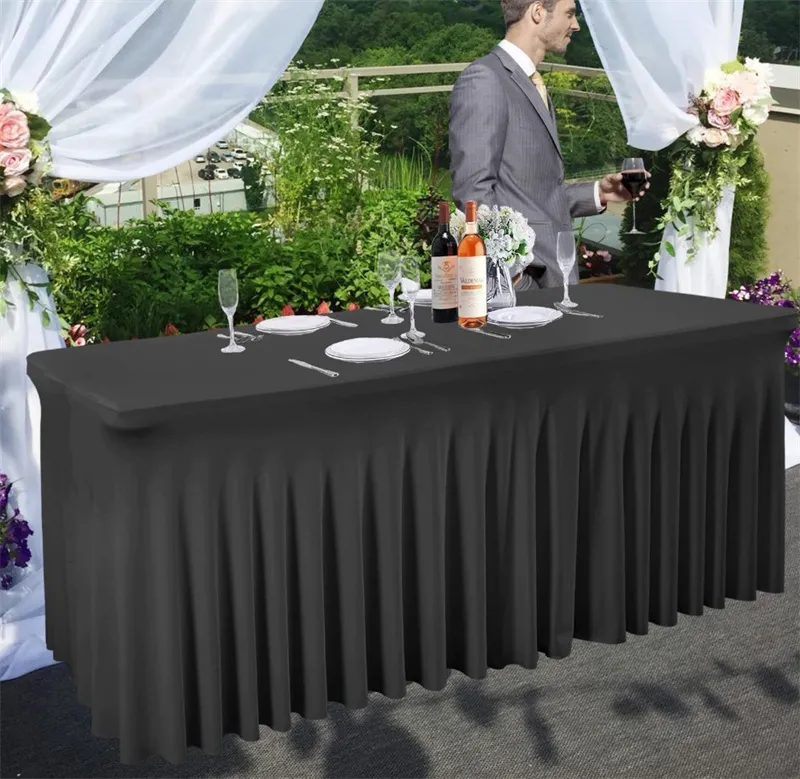 Table Skirt For 4ft Tables - One-Piece Black Table Cover With Ruffles, Wrinkle Resistant For Parties & Events