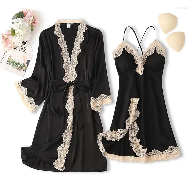 Kobietowa odzież sutowa biała panna młoda druhna szata ślubna Zestaw Sexy Full Slip Lace Nightgown Summen Satin Satin Kimono Bath Suknia Ho254k