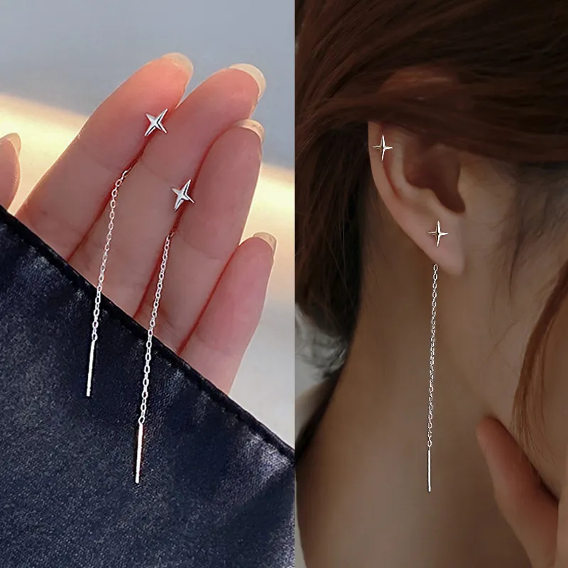 Trend Lange Draht Quaste Gewinde Kette Klettern Stern Herz Perlen Anhänger Drop Ohrringe frauen Gerade Hängen Ohrringe Schmuck