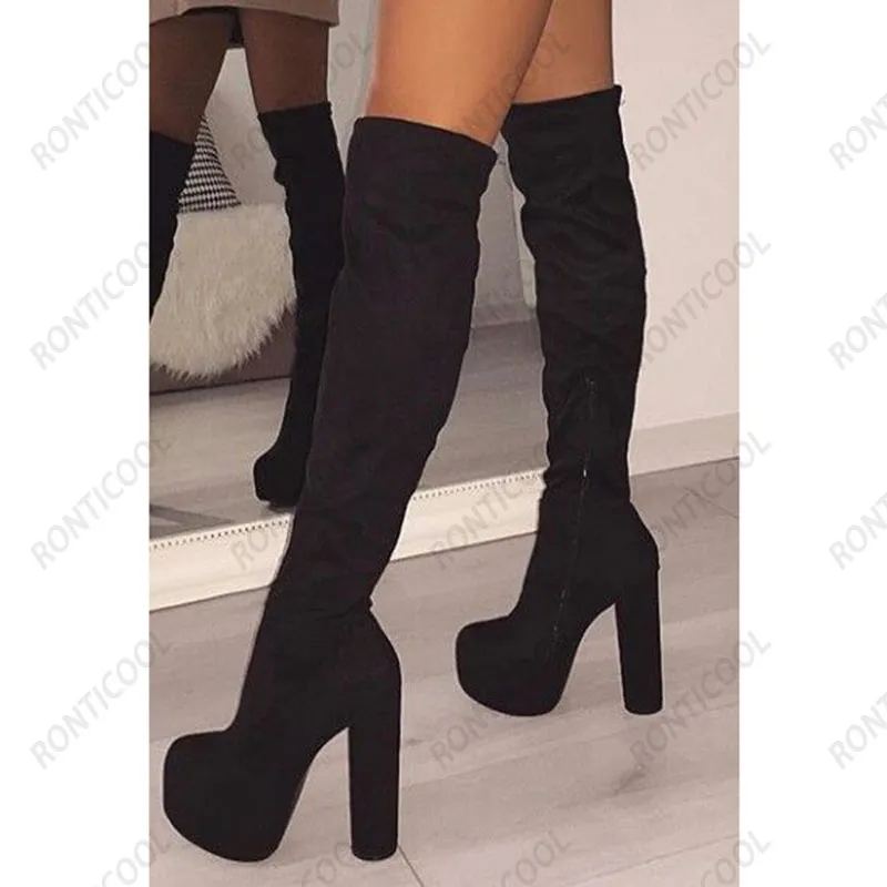 Ronticool New Fashion Women Platform Winter Over The Knee Boots Block Heel Round Toe Elegant Black Party Shoes Us Plus Size 5-20