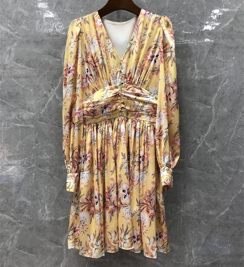 Casual Dresses High Quality Silk Dress 2022 Spring Summer Women V-Neck Abstract Prints Button Front Long Sleeve Large Swing Party Yellow