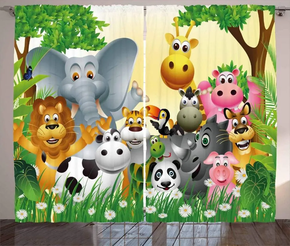 Vorhang mit Tiermotiven für Kinderzimmer, Tiere im Dschungel, Elefant, Giraffe, Panda, Bär, Schwein, Löwe, Nilpferd, Nashorn, Cartoon-Kunst, Fenstervorhänge