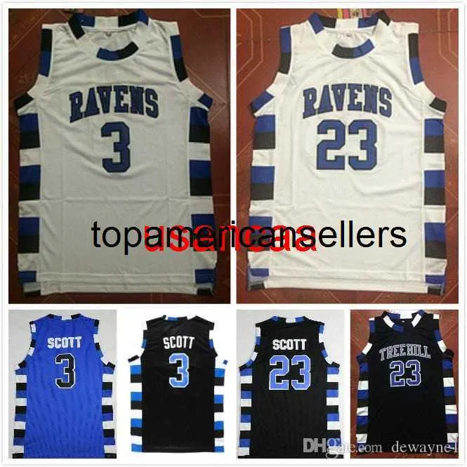 Maglia da basket University NCAA One Tree Hill Ravens Brother Movie 3 Lucas Scott 23 Nathan Scott Nero Bianco Blu