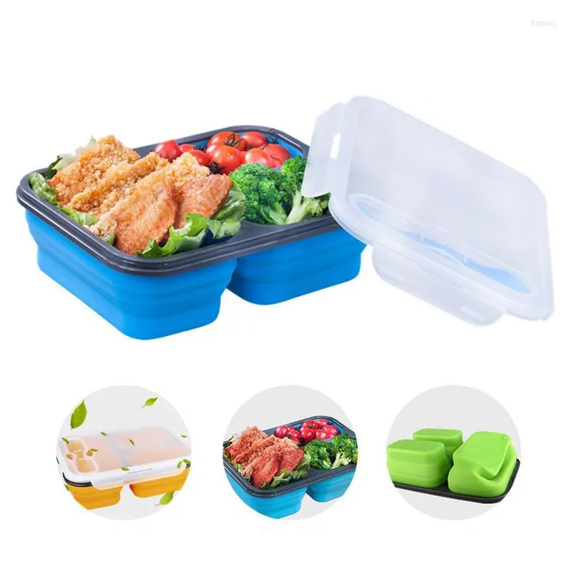 Dinnerware Sets 3 Compartment Silicone Folding Bento Box Collapsible Portable Lunch For Container Bowl ForChildren