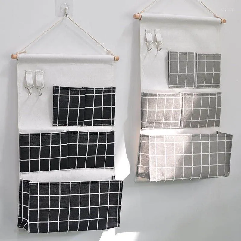 Scatole portaoggetti 5 tasche armadio a muro borse appese tessuto di lino sopra i sacchetti della porta per il bagno della camera da letto