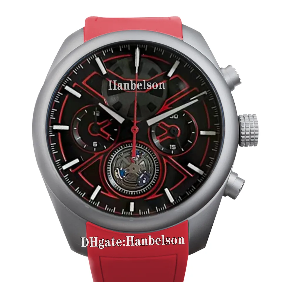 Herrenuhr Tourbillons VK Quarzwerk Stahl Leuchtendes rotes Zifferblatt Lederarmband Chronographenuhren Sportarmbanduhr 45 mm