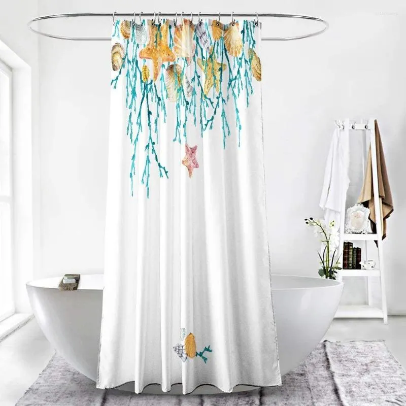 Shower Curtains Get Orange Starfish Curtain Watercolor Coral Shell Conch  Polyester Fabric Bathroom Decor From 16,8 €