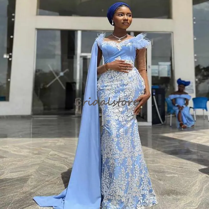 Aso Ebie Light Blue Prom Dresses 2023 Elegant African Mermaid Evening Dress With Lace Feather Women Party Dress Long Sleeve Chic Occasion Gala Vestidos Formal Gowns