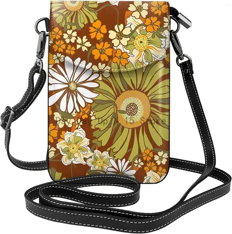 Duffelväskor 70 -talets retro hippie vintage blommor crossbody mobiltelefonväska axelväska små plånbok pu kvinnor