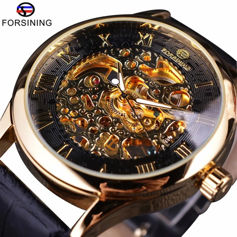 Forsining Design classico retrò Numero romano Display Custodia trasparente Scheletro meccanico Orologio da uomo Orologio Top Brand di lusso Clcok251D