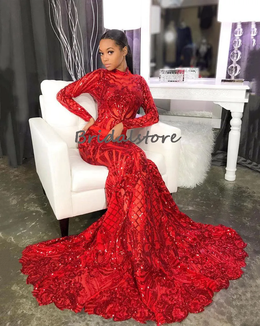 Sparkly pailletten rood prom jurken 2023 Hoge nek lange mouw zeemeermin formele gelegenheid avondjurk zwarte meisjes Afrikaanse feestjurk vrouwen gewaad soiree vestido