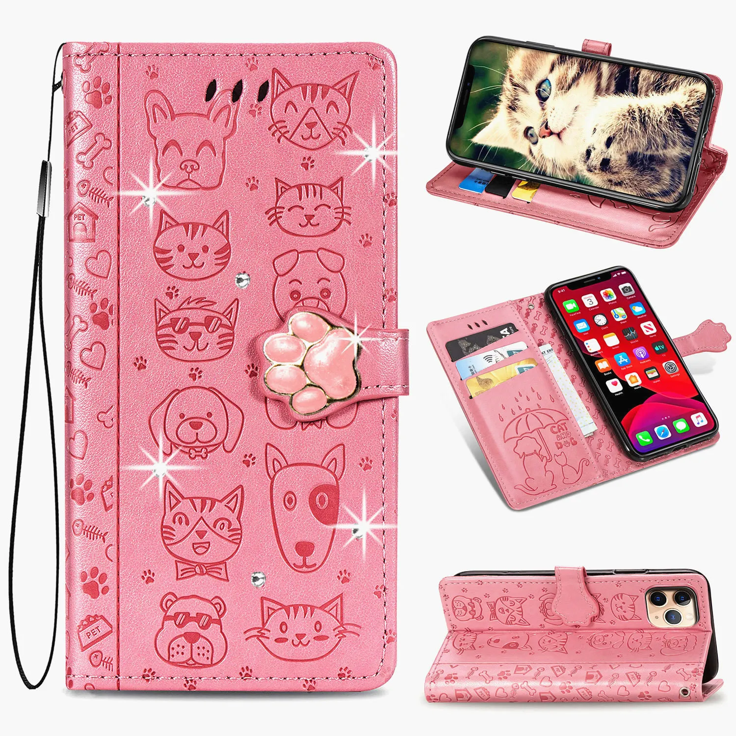 Portfel Telefle Case na iPhone 14 13 12 11 Pro Max XS XR 15 Plus Rhinestone Cat and Dog Expossing PU Skórzany stojak stojak z gniazda kart