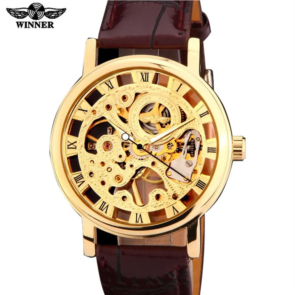 2021 Marca vencedora Silver Gold Tone Skeleton Hand Wind Mechanical Men Watch Banda de couro artificial preto marrom