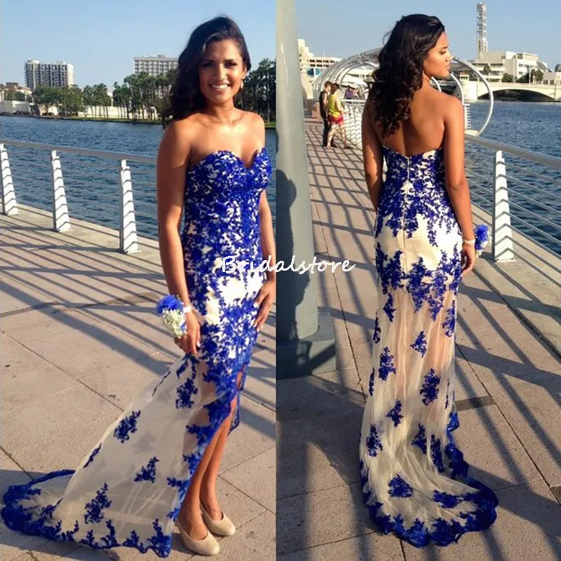 Chic Blue Hi Low Prom Dresses 2023 Sweetheart Lace Slim Formal Occasion Cocktail Party Evening Dress Backless Robe De Soiree Robes Cocktail Abendkleid Vestido Noite