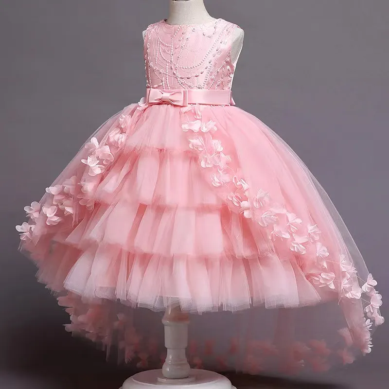 花の女の子のドレス結婚式の袖なしのチュールパーティードレスキッズガールズレースアップリケプリンセスボールガウンページェント403