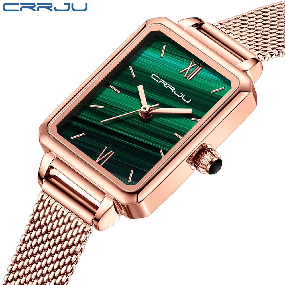 Groene dameshorloges CRRJU mode casual dameskleding mesh horloges eenvoudige en populaire waterdichte quartz horloges dames