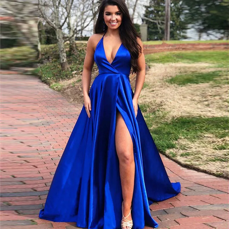 Prom fest aftonklänningar vestido de noiva sereia klänning robe de soiree vestido novia playa royal blue sexig sidoslit snörning