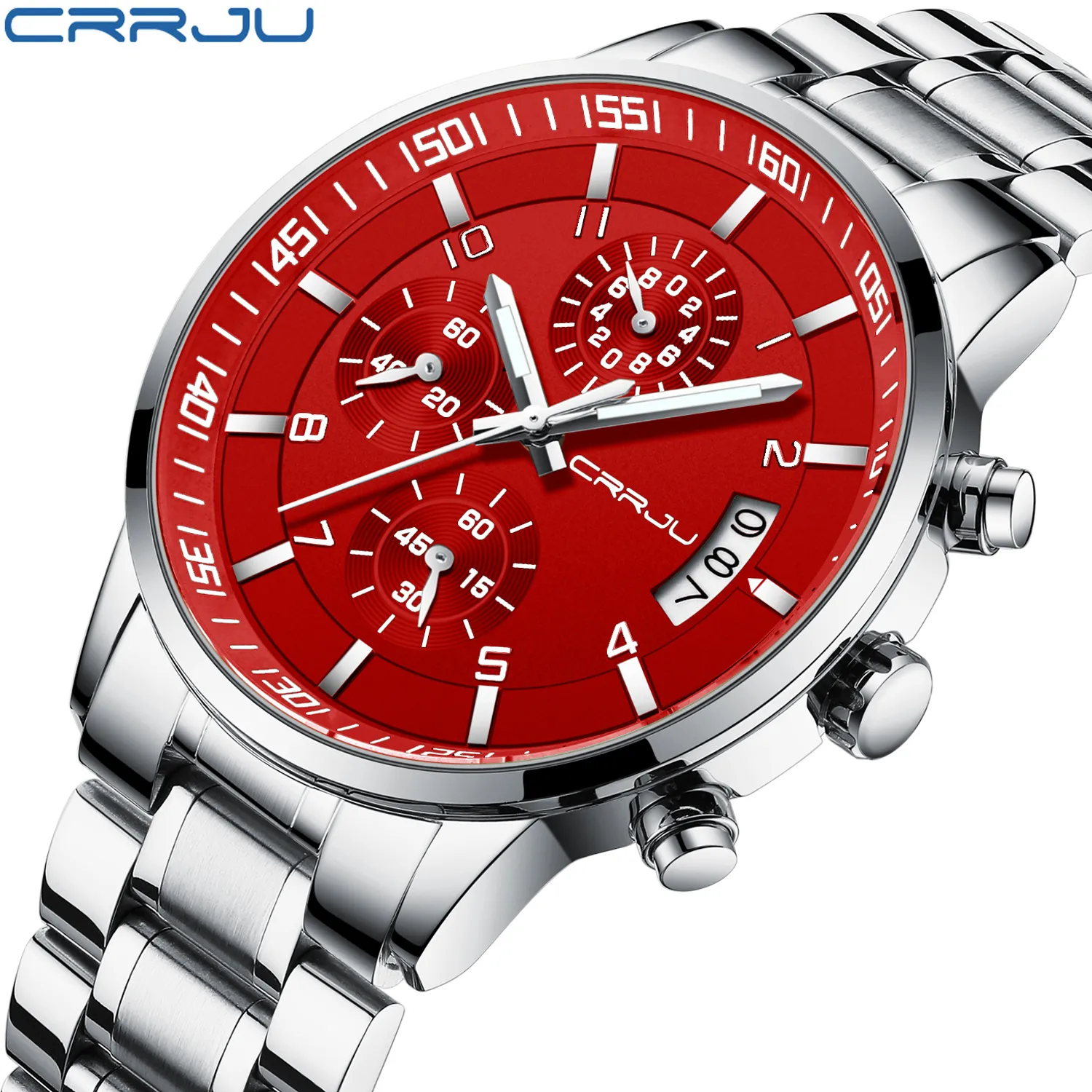 CRRJU men's quartz watch sports chronograph watch 316 stainless steel luminous men's watch red 2023