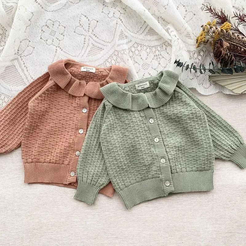 Jackor Autumn Girl Knicardigan 1-5 Y Baby Girls Sticked Sweaters Ruffles Collar Solid Color Cardigan Coats Korean Style Kids tröja